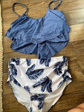 Amazon Women Swim Two-Piece Tankini Set in Blue and White with Navy Leaf Print